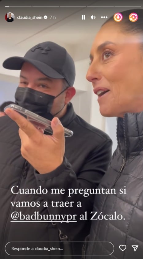 Instagram storie de Claudia Sheinbaum hablando de Bad Bunny gratis en el Zócalo