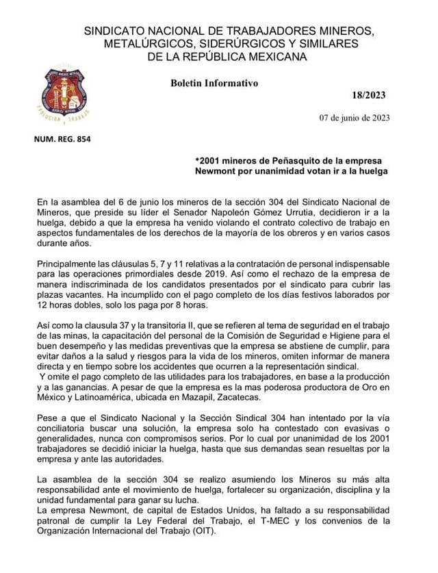 TRABAJADORES DE MINA EL PEÑASQUITO SE VAN A HUELGA