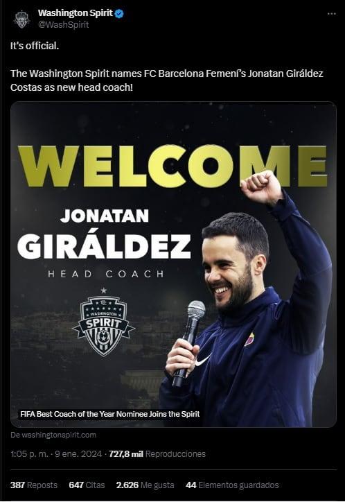 Washington Spirit anuncia a Jonatan Giráldez como su técnico.