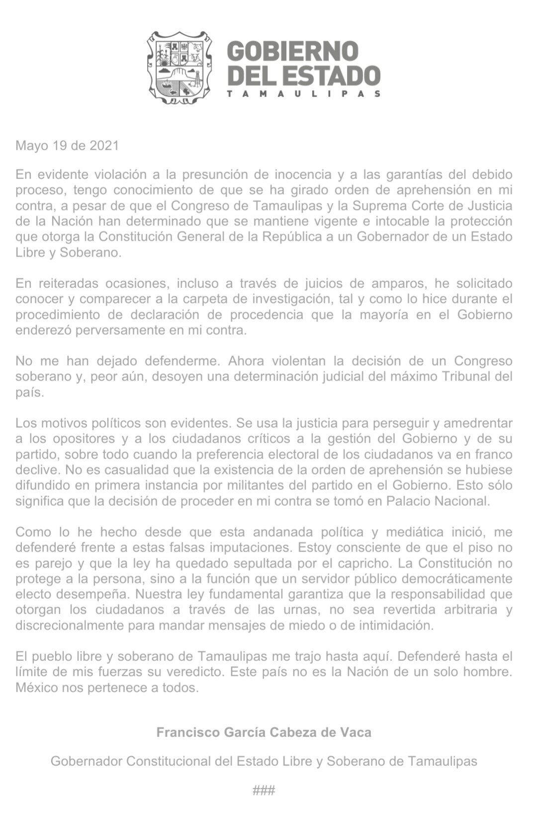 Comunicado de Francisco García Cabeza de Vaca