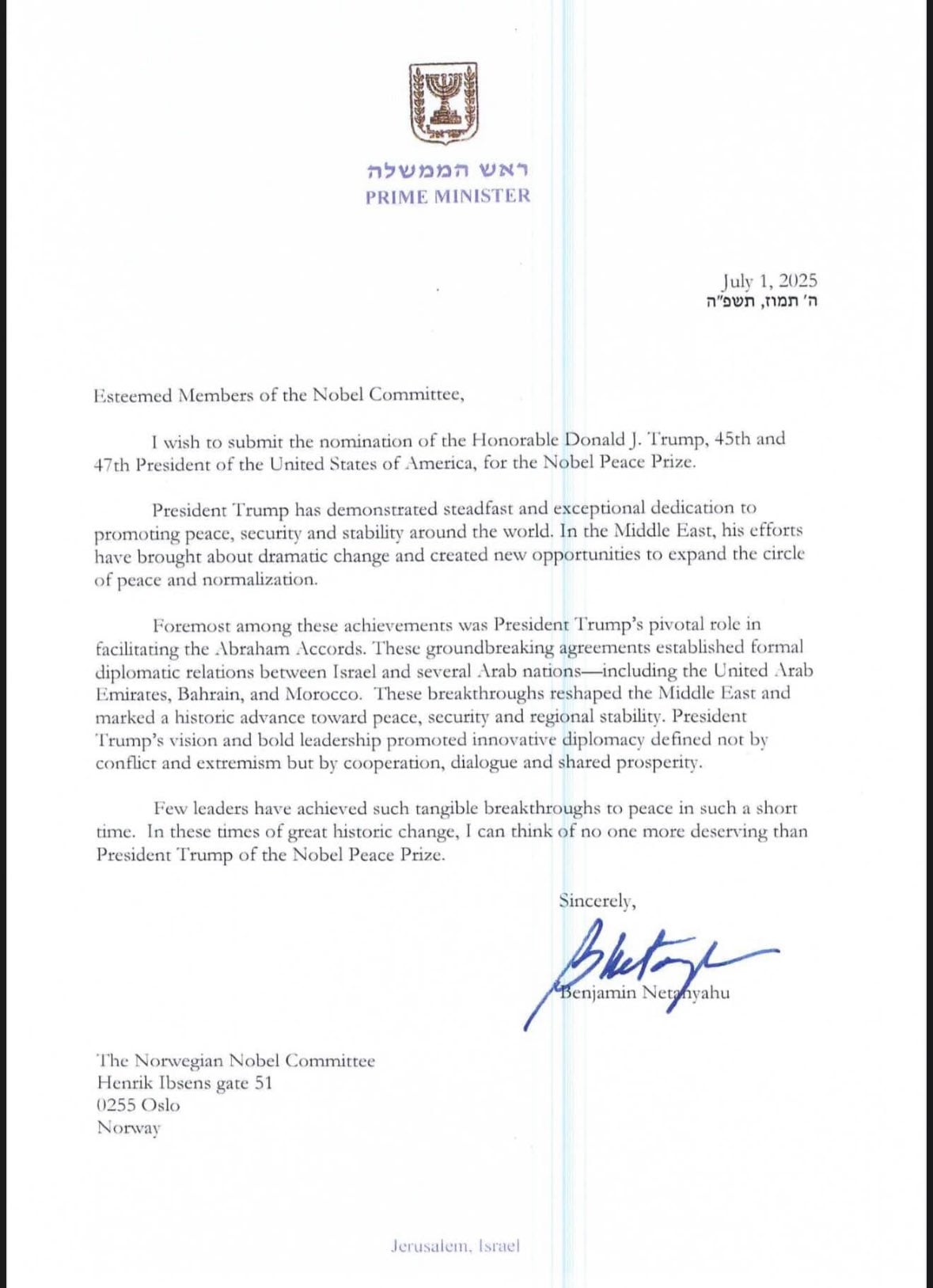 Carta formal de Benjamín Netanyahu para nominar a Donald Trump al Premio Nobel de la Paz