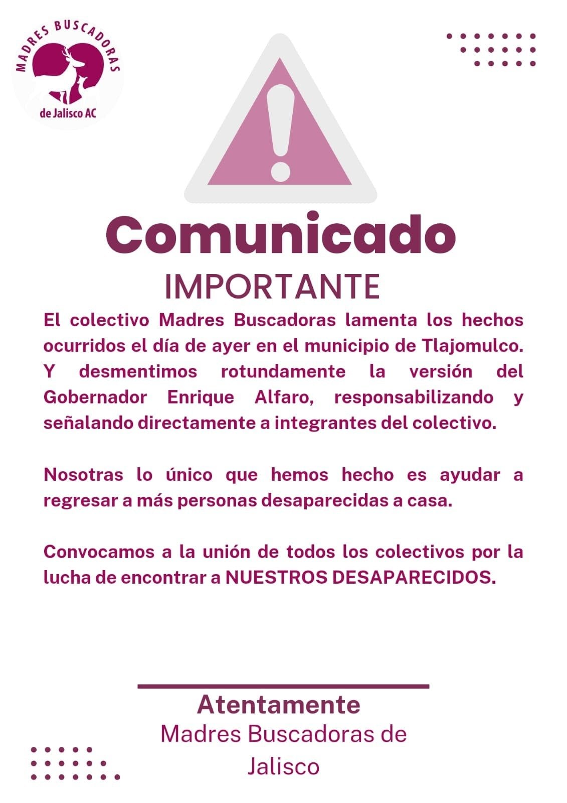 Madres buscadoras de Jalisco comunicado