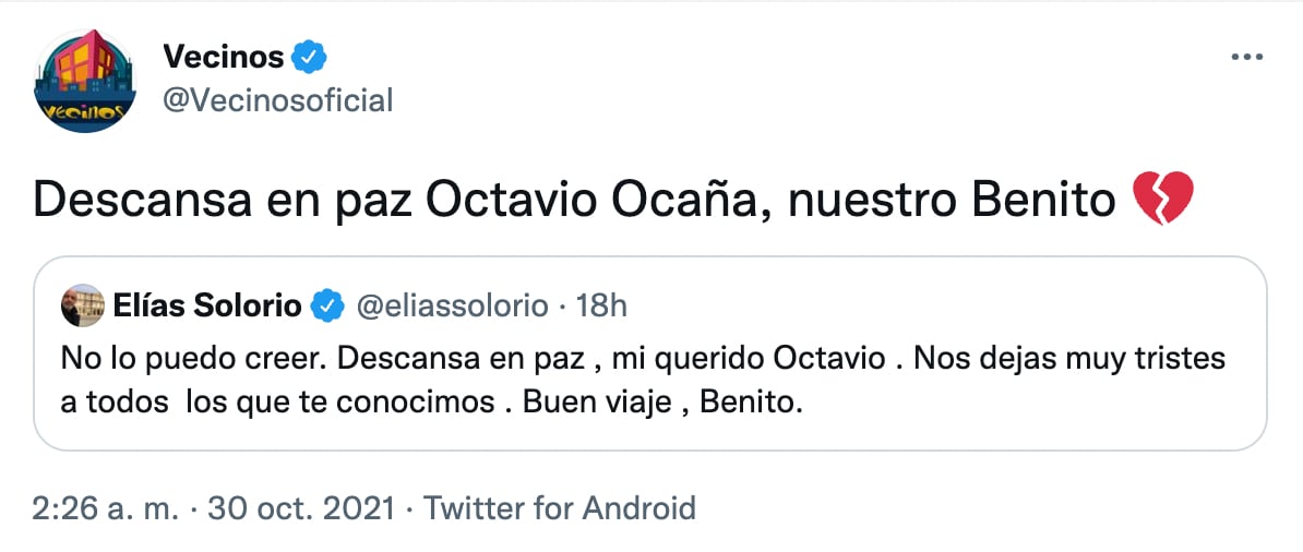 Lamentan la muerte de Octavio Ocaña, Benito de Vecinos