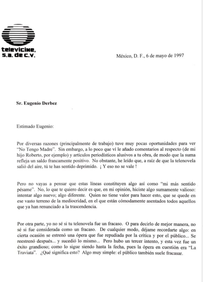 Carta que Roberto Gómez Bolaños le escribió a Eugenio Derbez