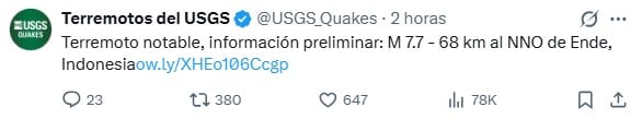Reportan terremoto de magnitud 7.7 en Indonesia y activa alerta de tsunami