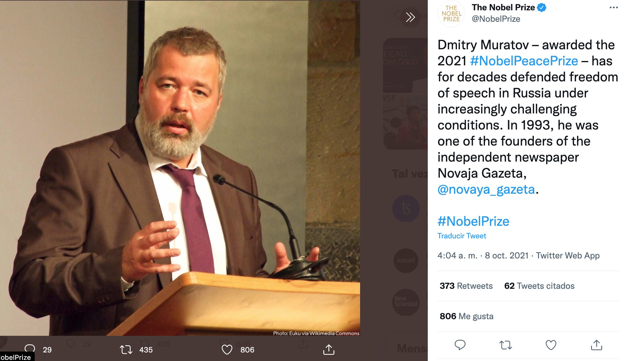 El periodista Dmitry Muratov, ganador del Premio Nobel de la Paz 2021