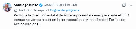 Santiago Nieto presenta queja ante el IEEQ