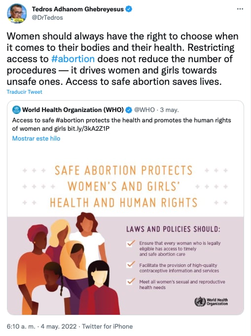 tuit de Tedros Adhanom Ghebreyesus, directo general de la OMS sobre el aborto