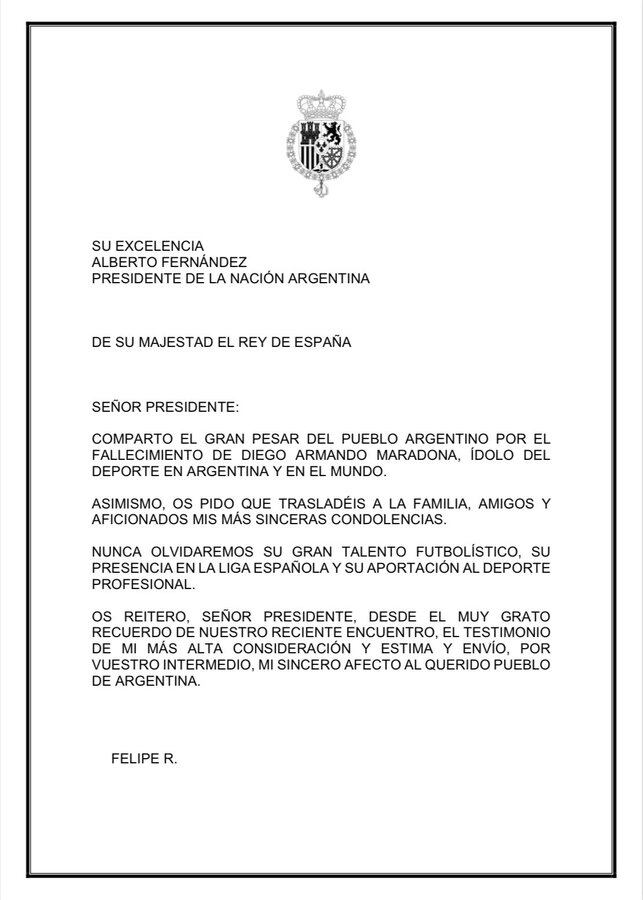 carta Rey de España a Argentina
