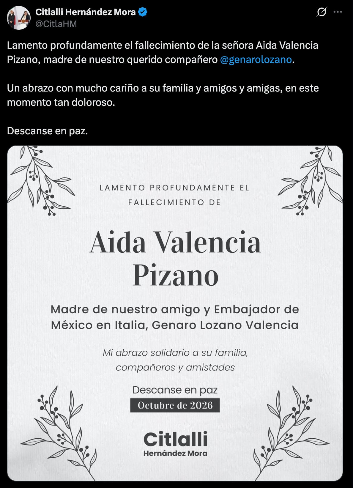Citlalli Hernández envía sus condolencias a Genaro Lozano por la muerte de su mamá
