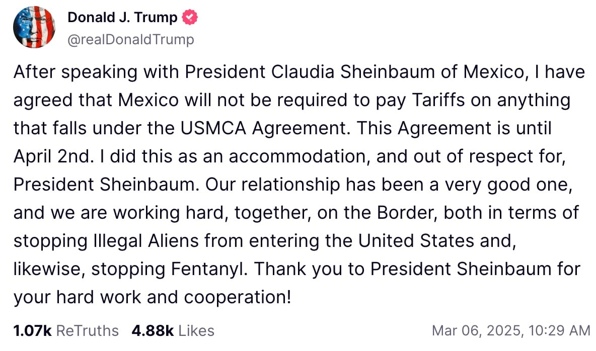 Donald Trump confirma pausa a aranceles a México