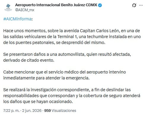 Puente peatonal colapsa en Terminal 1 del AICM; una conductora afectada