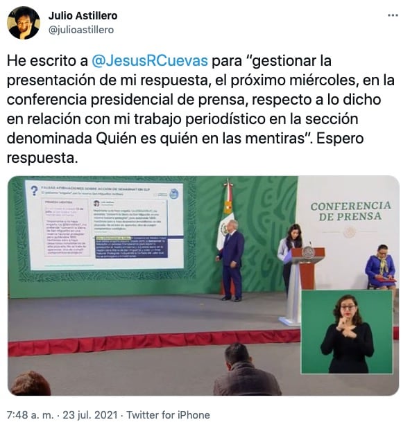 Tuit de Julio Hernández Astillero