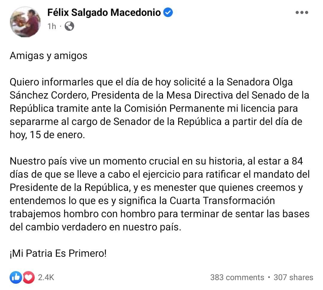 Félix Salgado Macedonio sobre la revocación de mandato