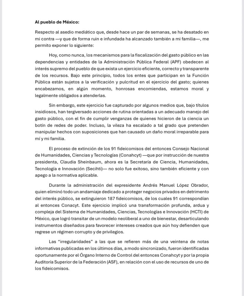 Comunicado de María Elena Álvarez-Buylla ante corrupción del Conacyt.
