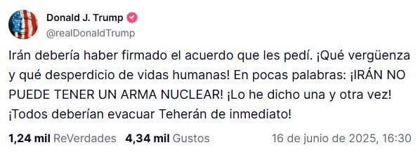 Donald Trump llama a evacuar Teherán inmediatamente