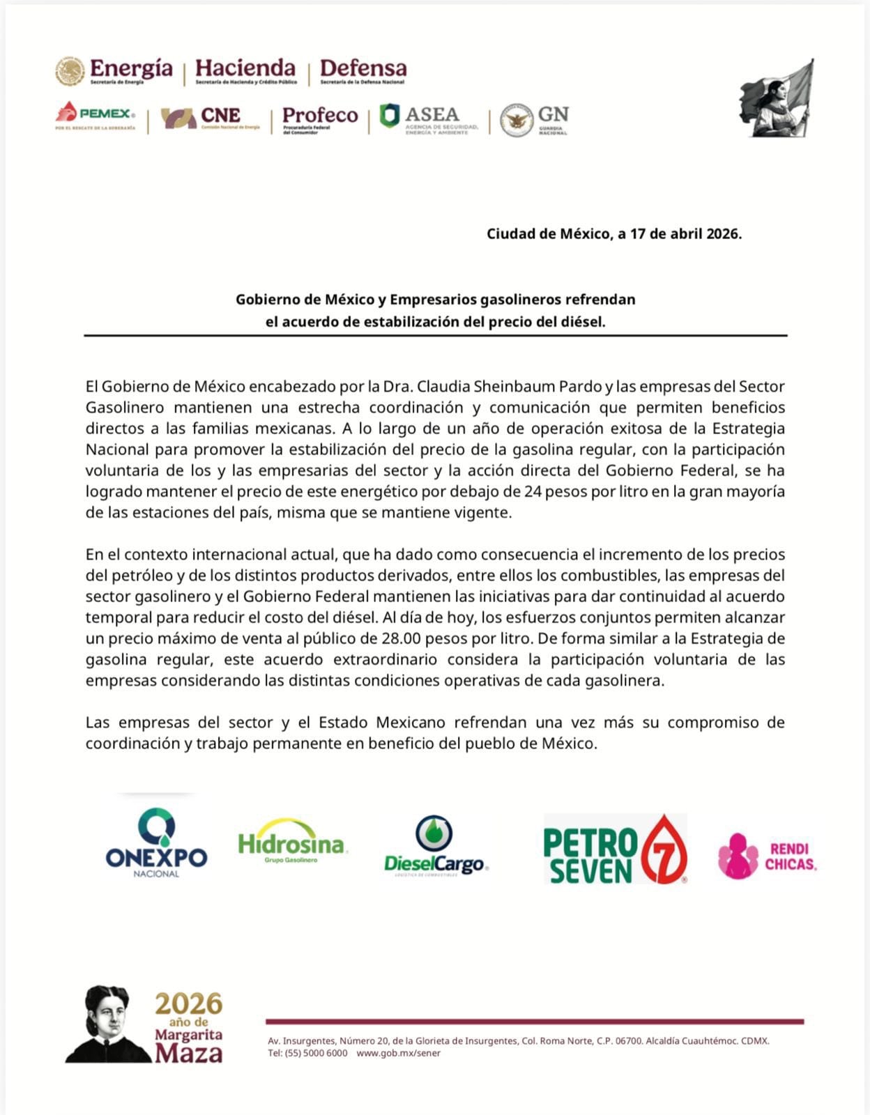 Gobierno de México y gasolineros mantienen acuerdo para precio de gasolina y diésel