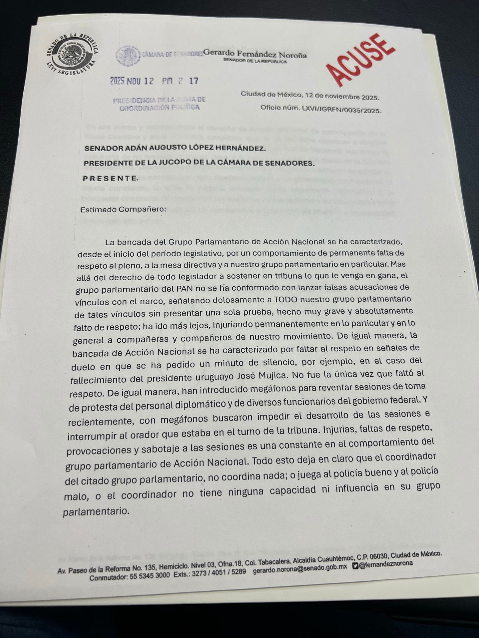 Gerardo Fernández Noroña presenta denuncia contra el PAN en el Senado