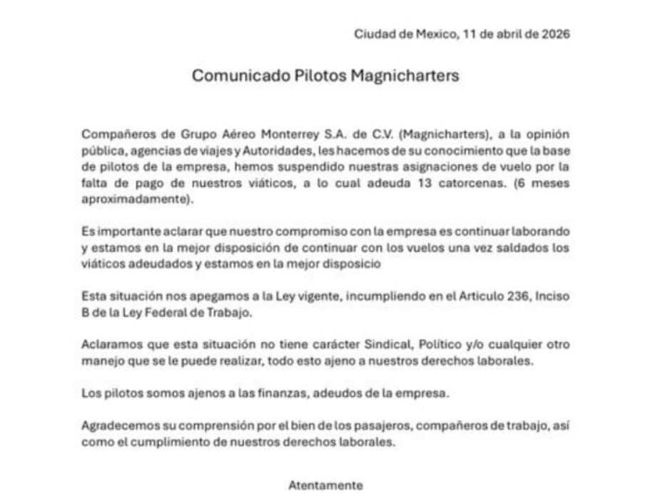 Pilotos de Magnicharters revelan que les deben 6 meses de viáticos