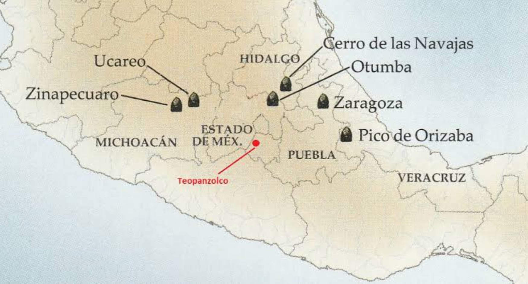 Mapa con los principales yacimientos de obsidiana en Mesoamérica.