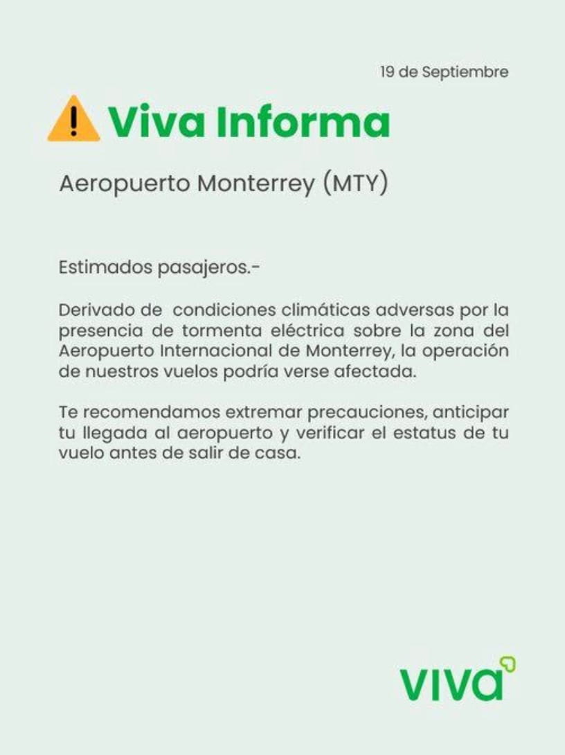 Comunicado sobre el mal tiempo en el aeropuerto de Monterrey