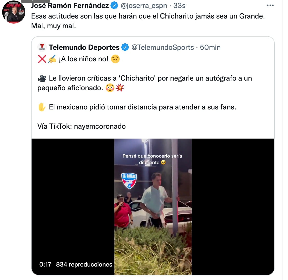 José Ramón Fernández ataca a Chicharito Hernández / FOTO: Captura de pantalla