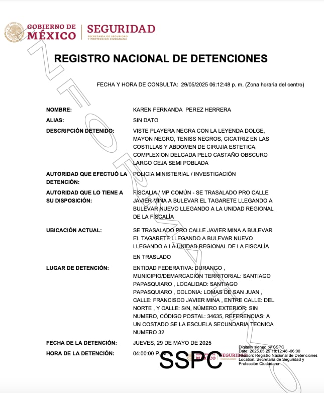Ficha de detención de Karen Pérez