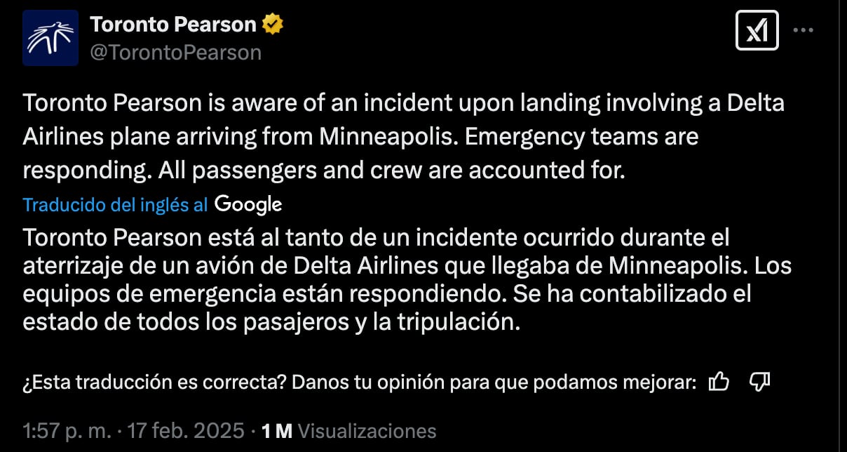 Video del avión de Delta Airlines tras accidente en Toronto; salió de Mineápolis, Estados Unidos