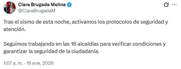 Clara Brugada sismo hoy 16 de enero