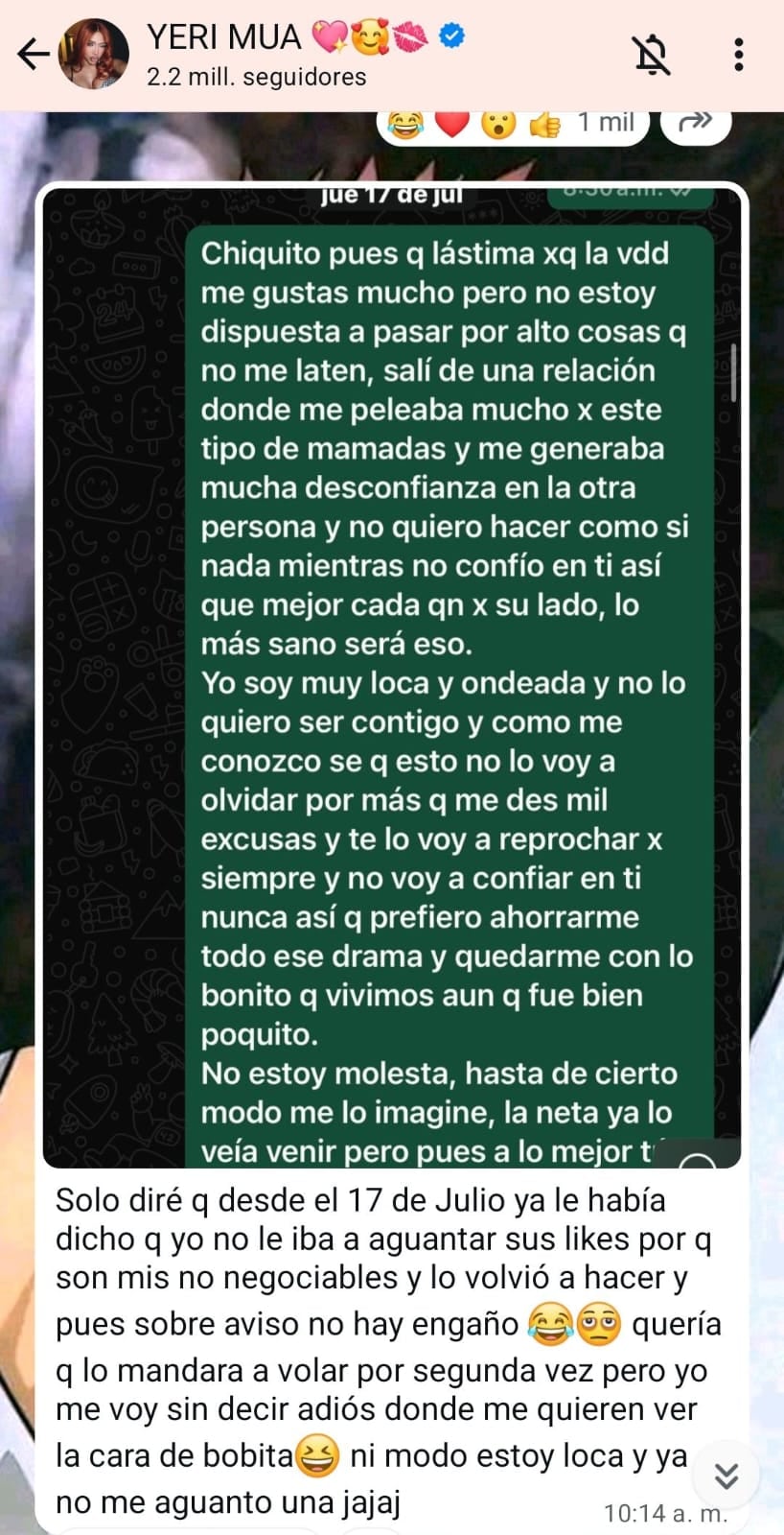 Sai revela porqué terminó su relación con Yeri Mua