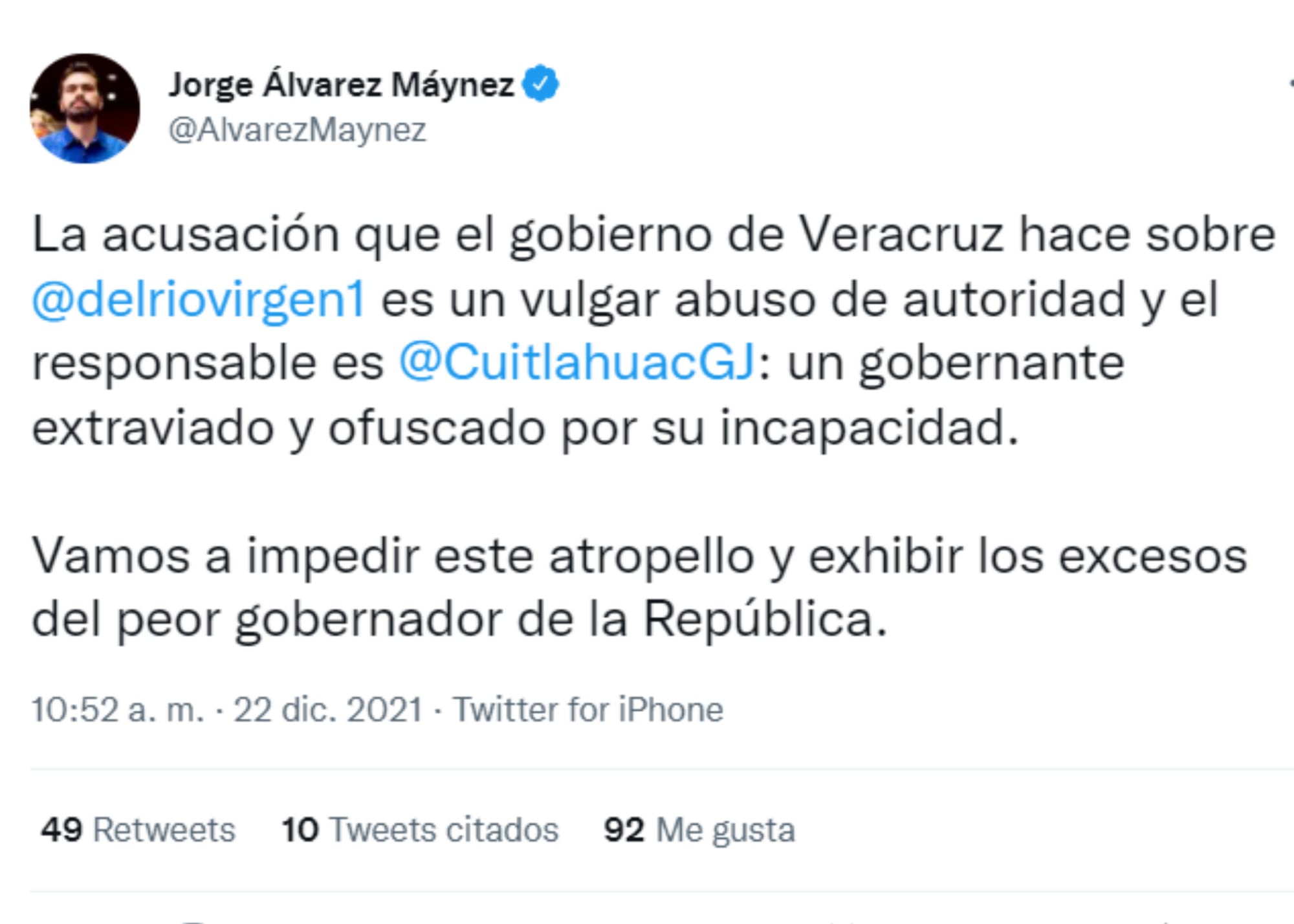 Tuit de Jorge Álvarez Máynez diputado de MC