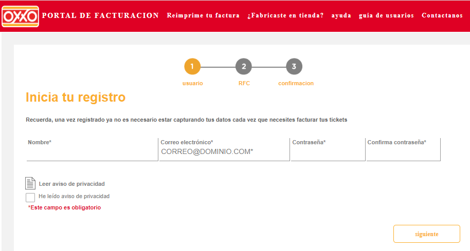 Oxxo: formulario de registro para clientes