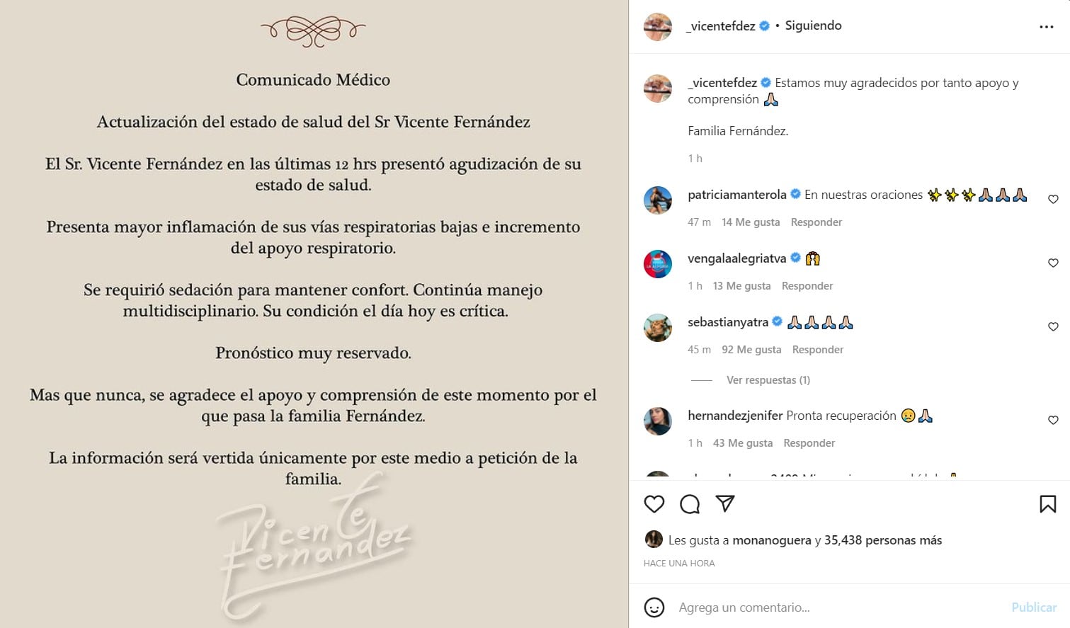 Parte médico de Vicente Fernández