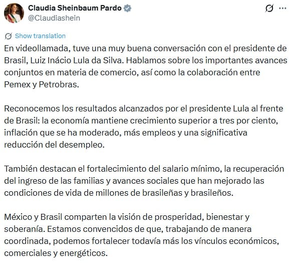 Sheinbaum detalla llamada con Lula sobre comercio y colaboración entre Pemex y Petrobras