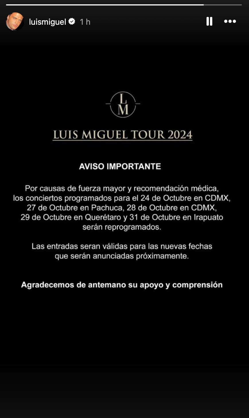 Luis Miguel cancela 5 conciertos en México por problemas de salud