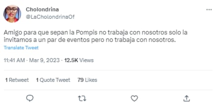 Tuit de La Cholondrina diciendo que La Pompis no trabaja con Sonido Pirata