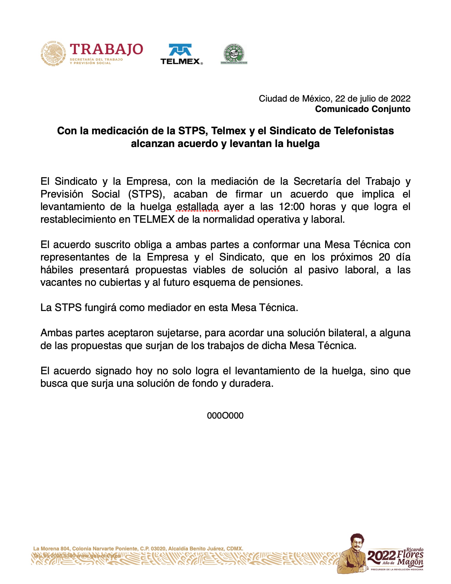 Comunicado de la STPS por el acuerdo entre Telmex y el sindicato telefonistas para el fin de la huelga del 21 de julio
