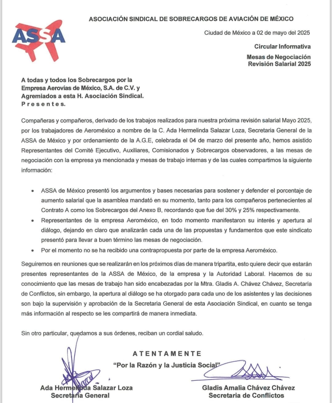 Circular Mesas de Negociación 2 de mayo, ASSA de México