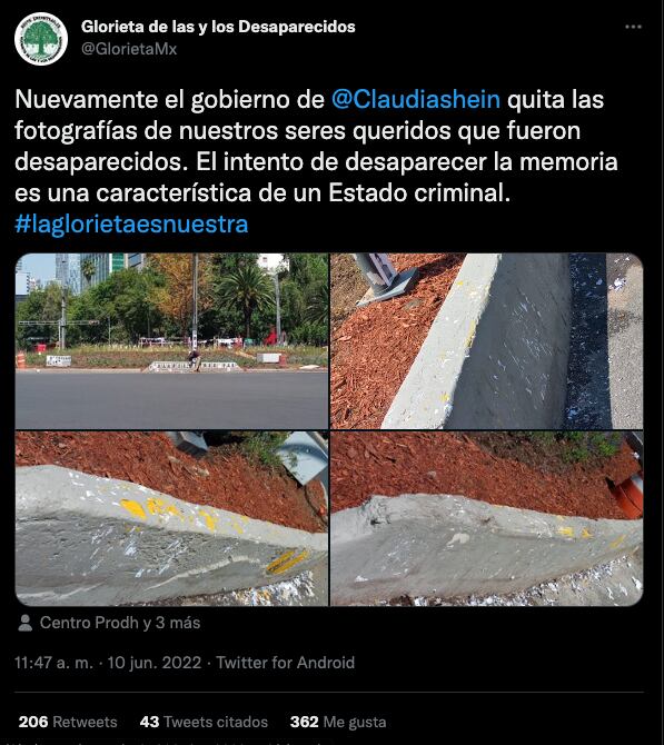 Gobierno de CDMX vuelve a quitar fotos de la Glorieta de los Desaparecidos