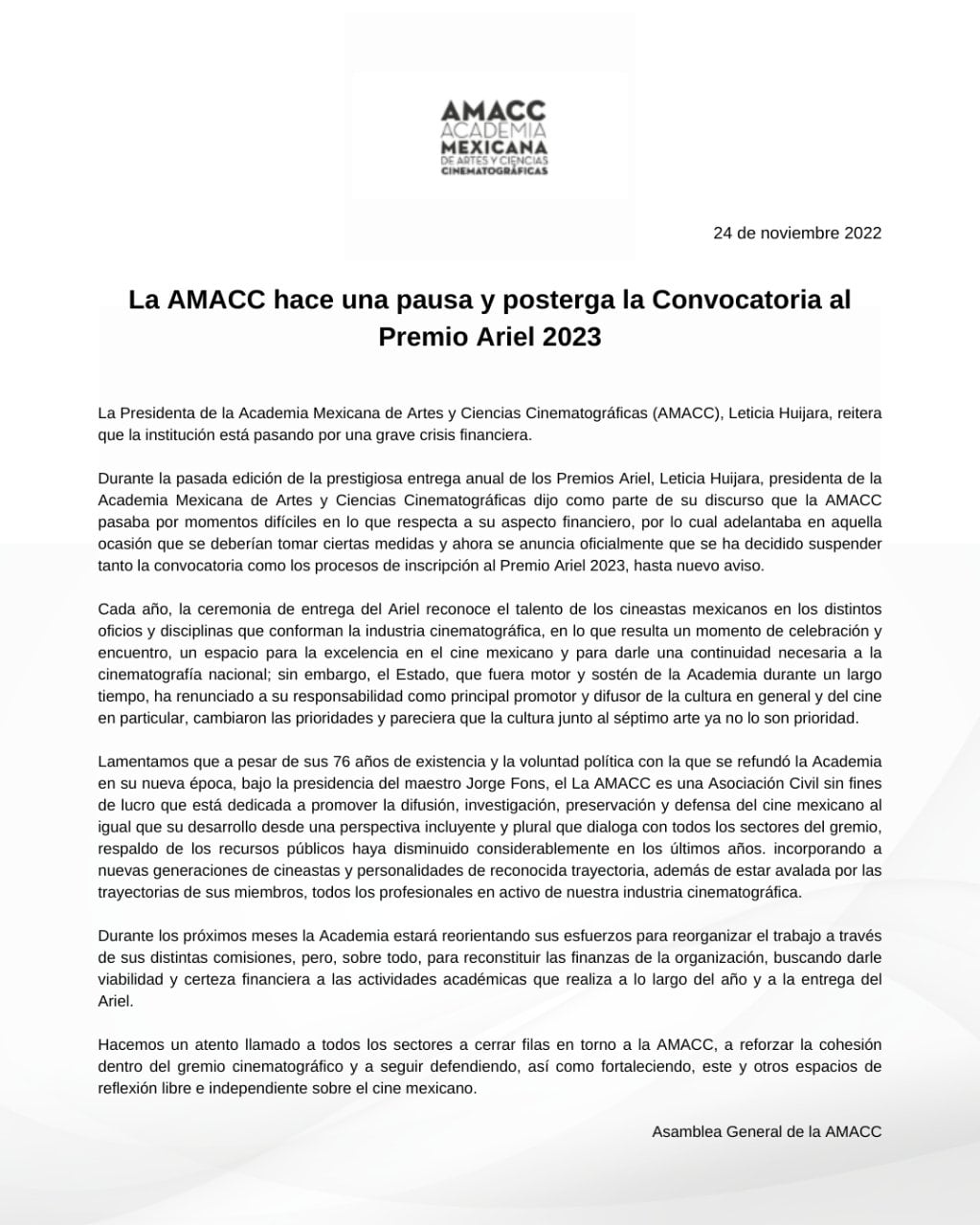 AMACC lanza un comunicado revelando la suspensión del Premio Ariel 2023 por falta de recursos