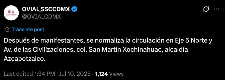 Bloqueo Eje 5 Norte hoy 10 de julio
