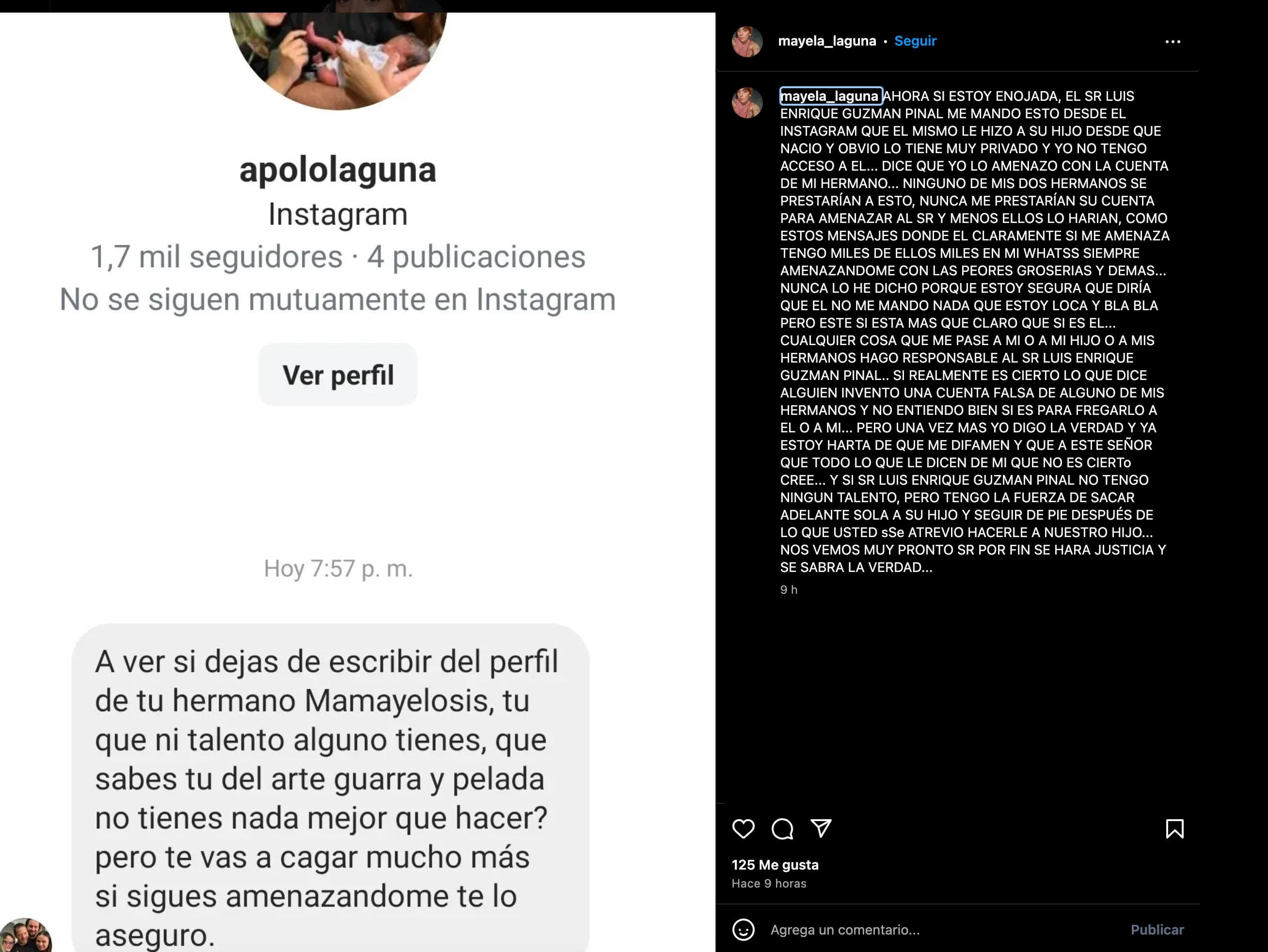 Mayela Laguna acusa a Luis Enrique Guzmán de usar el Instagram de su hijo para amenazarla