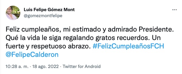 Felicitaciones por el cumpleaños 60 de Felipe Calderón/captura de pantalla de Twitter