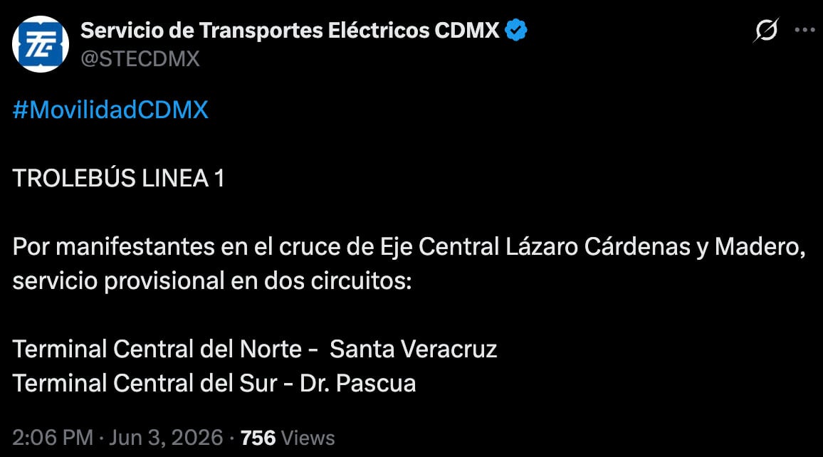 Trolebús suspende servicio por bloqueo de CNTE en Eje Central