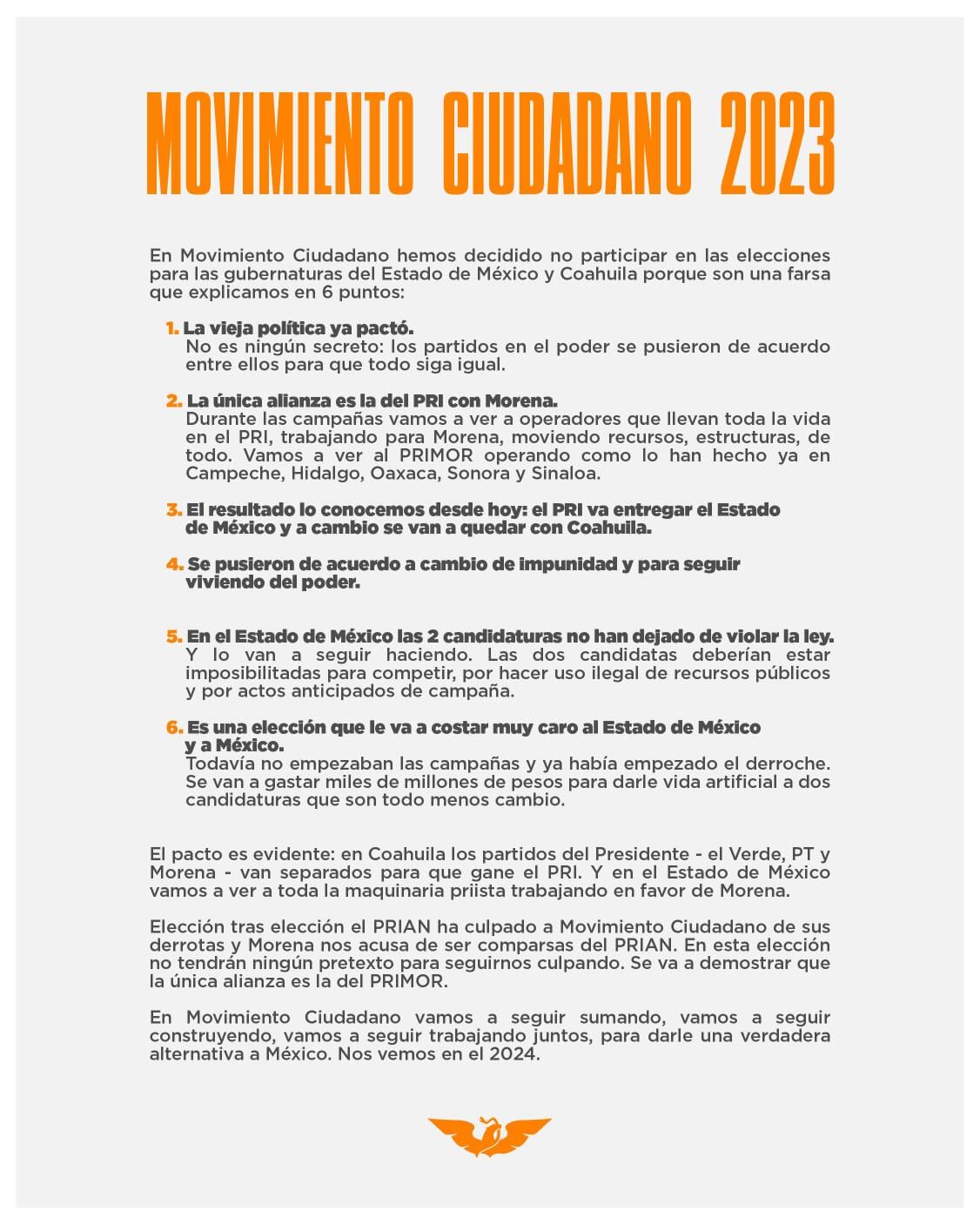 Movimiento Ciudadano confirma que no participará en las elecciones 2023