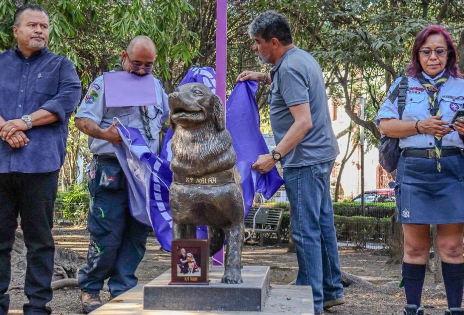 Develan estatua de Nalah, la perra rescatista que salvó 17 vidas en sismo de 2017