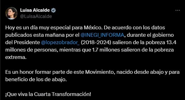 Luisa Alcalde destaca reducción de la pobreza en México como un logro de AMLO