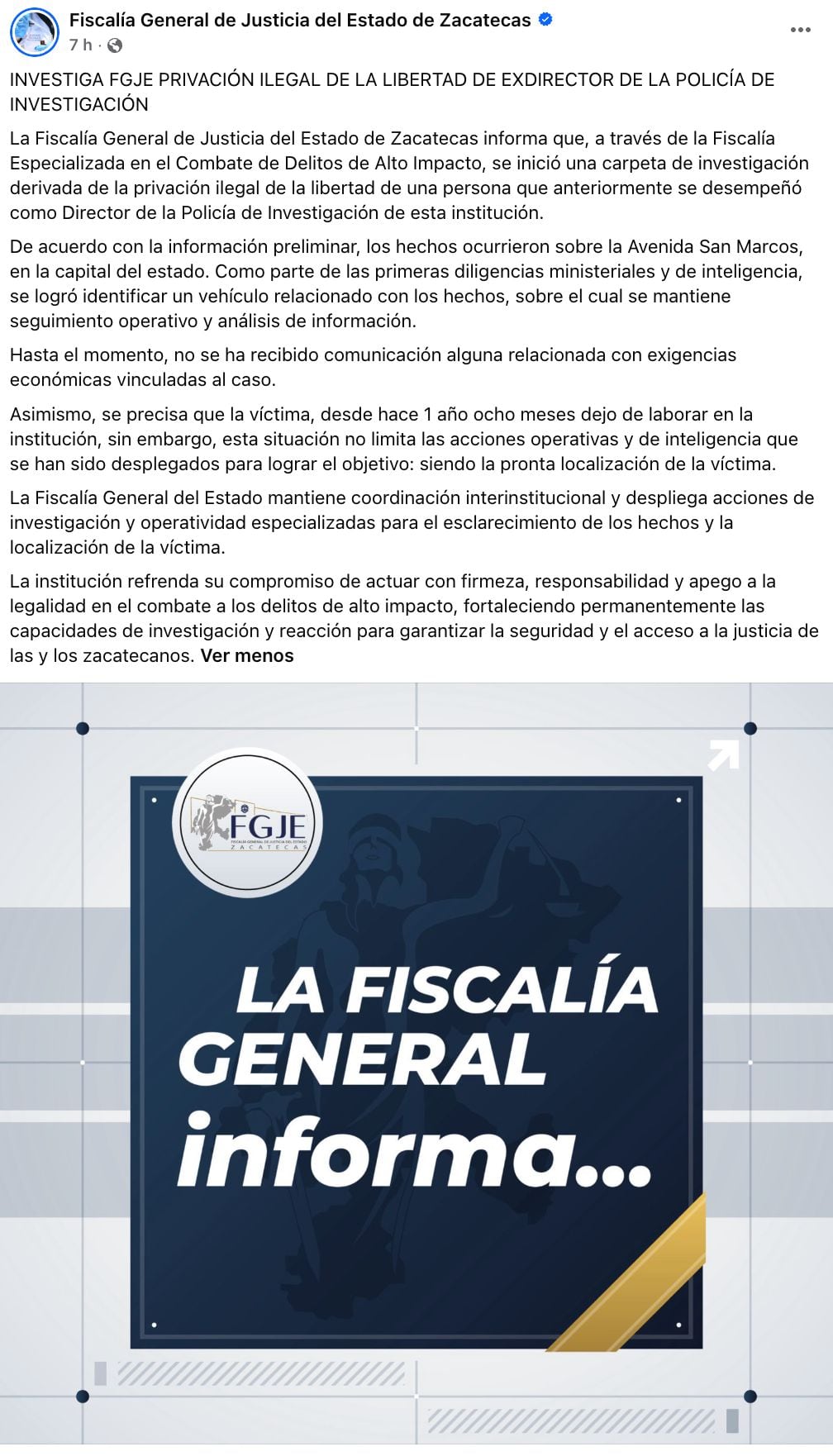 Fiscalía de Zacatecas confirma secuestro de Gustavo Domínguez, exdirector de la PDI