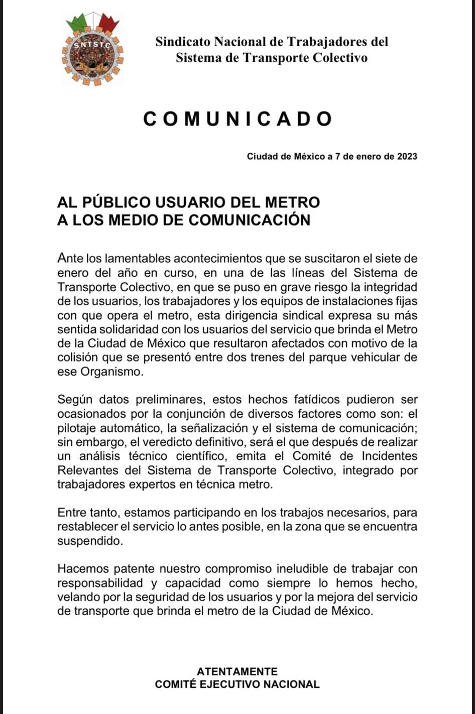 Comunicado del Sindicato del Metro CDMX