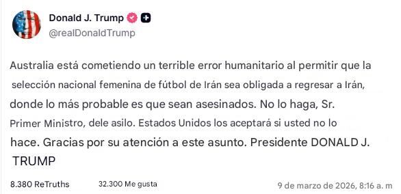 Donald Trump pide asilo para la selección femenina de Irán.